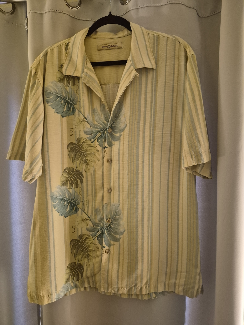Tommy Bahama Pale Yellow Stripe Camp Shirt with Blue-Green Leaf Print